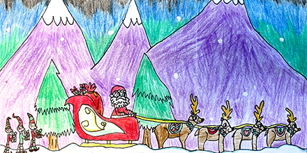 Drawing of reindeer and Santa with large mountains in the background. 